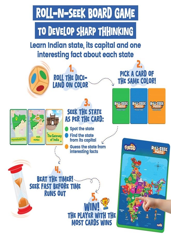 Funtad Roll N Seek India Map - Educational Board Game & Puzzle | Learn Indian Sate, Capital and Interesting Facts| State Shaped Puzzle (72 pcs)| Return & Birthday Gift for Boys & Girls Age 6-12 yrs - Image 2